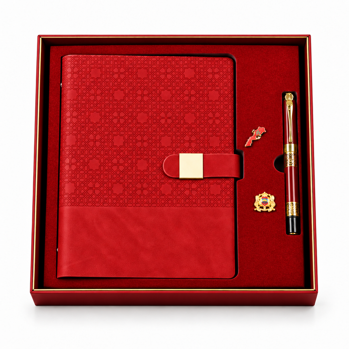 Coffret Notebook Maroc Rouge avec Stylo et 2 Épinglettes Patriotiques