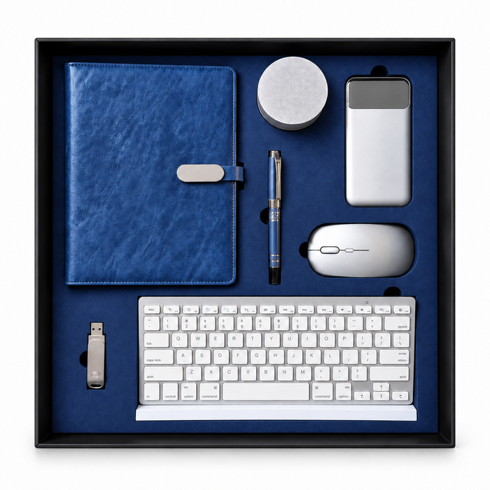 Coffret Cadeau High-Tech Gris 7 Pièces : Notebook, Stylo, Clavier, Souris, Enceinte, Power Bank et Clé USB