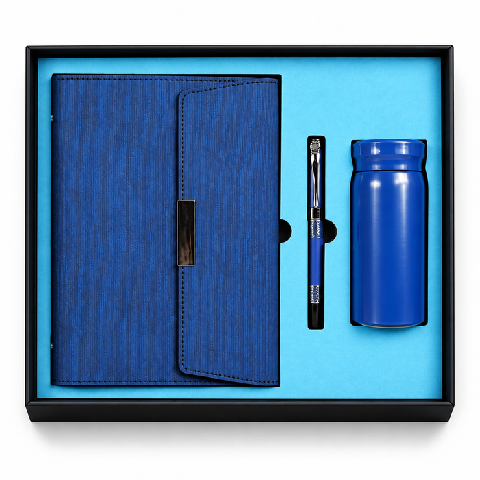 Coffret Notebook Bleu + Stylo + Bouteille Isotherme