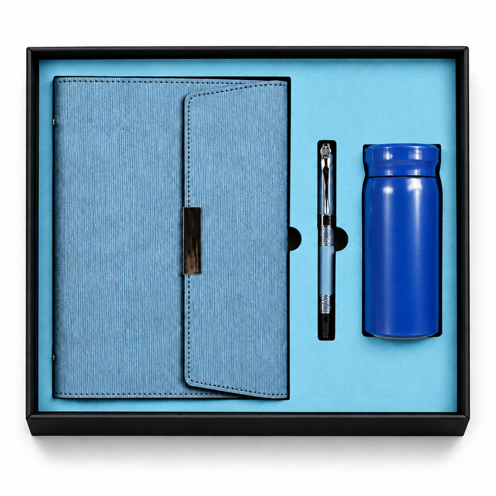Coffret Notebook Bleu + Stylo + Bouteille Isotherme