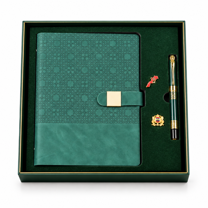 Coffret Notebook Maroc Rouge avec Stylo et 2 Épinglettes Patriotiques