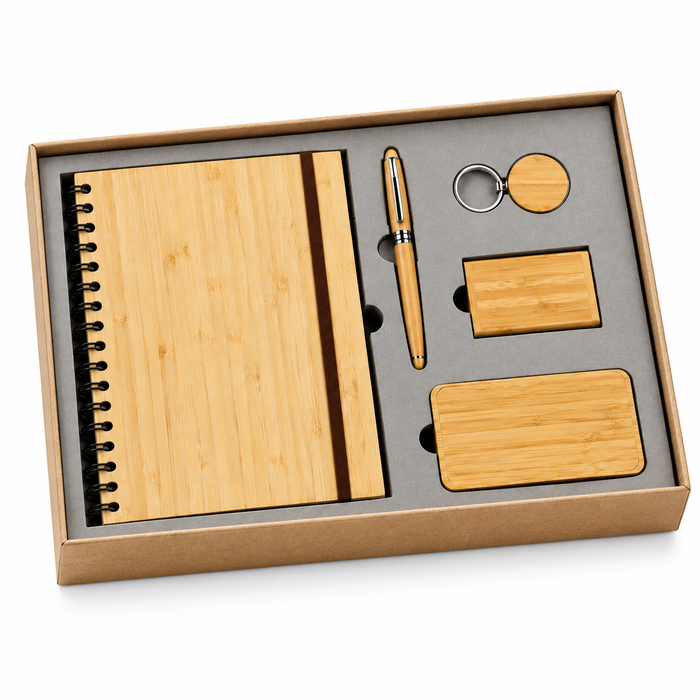 Coffret NoteBook en Bambou 5 Pcs: Notebook, Stylo, Porte-clés, Clé USB et Power Bank