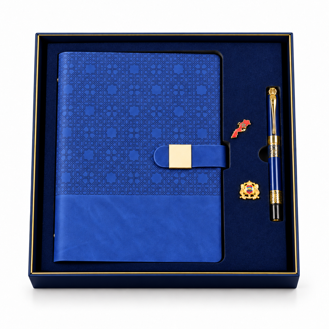 Coffret Notebook Maroc Rouge avec Stylo et 2 Épinglettes Patriotiques