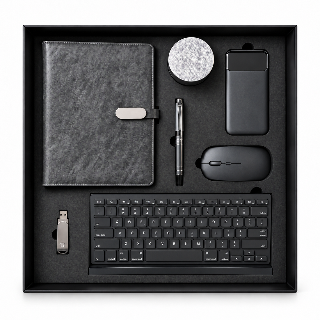 Coffret Cadeau High-Tech Gris 7 Pièces : Notebook, Stylo, Clavier, Souris, Enceinte, Power Bank et Clé USB