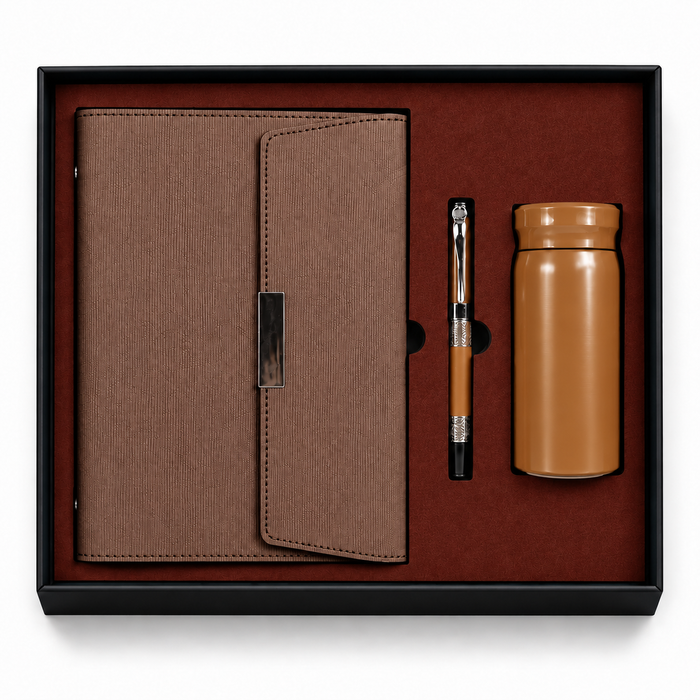 Coffret Notebook Bleu + Stylo + Bouteille Isotherme
