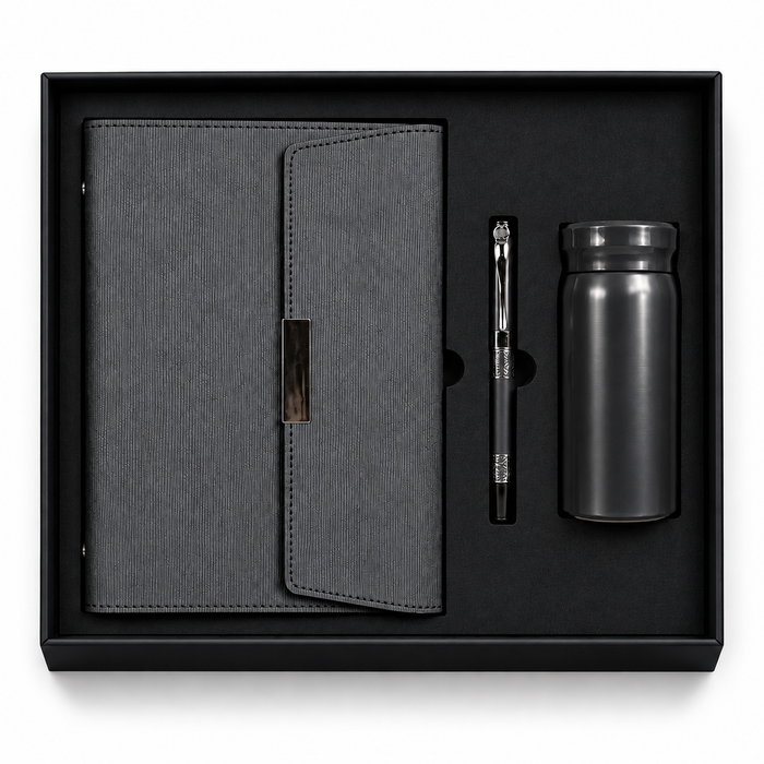 Coffret Notebook Bleu + Stylo + Bouteille Isotherme