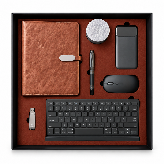 Coffret Cadeau High-Tech Gris 7 Pièces : Notebook, Stylo, Clavier, Souris, Enceinte, Power Bank et Clé USB