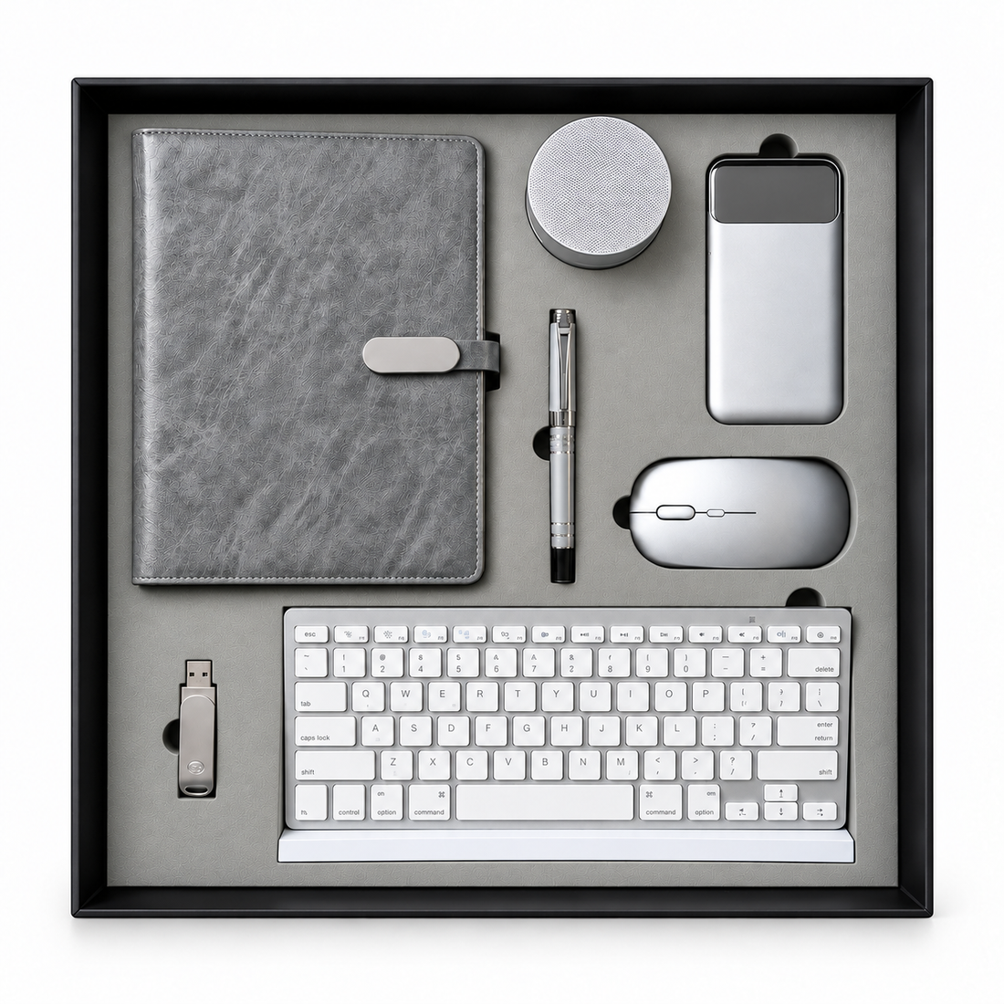 Coffret Cadeau High-Tech Gris 7 Pièces : Notebook, Stylo, Clavier, Souris, Enceinte, Power Bank et Clé USB