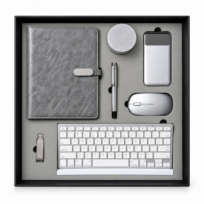 Coffret Cadeau High-Tech Gris 7 Pièces : Notebook, Stylo, Clavier, Souris, Enceinte, Power Bank et Clé USB