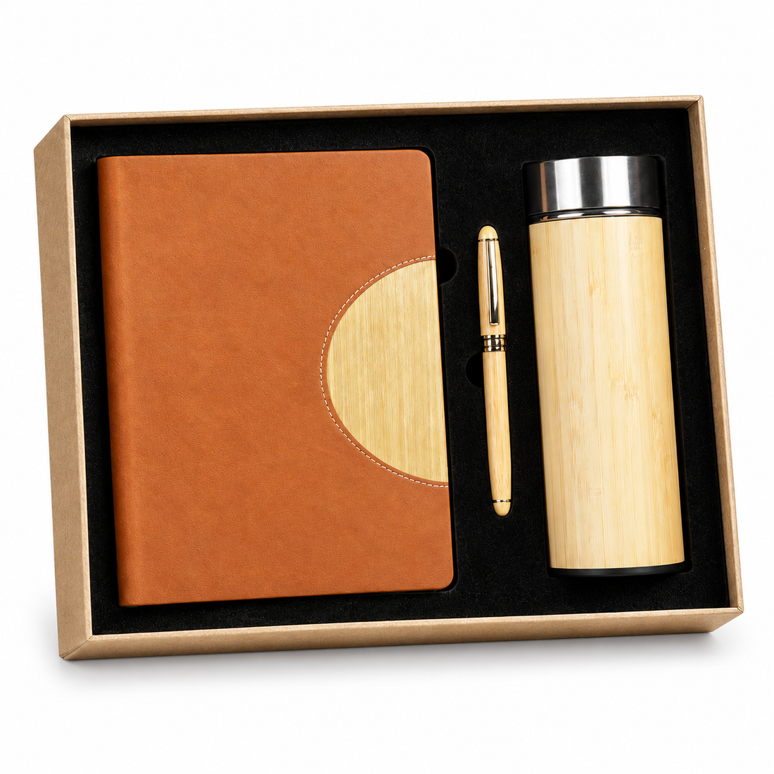 Coffret Cadeau Notebook Camel & Bambou avec Stylo et Bouteille Isotherme